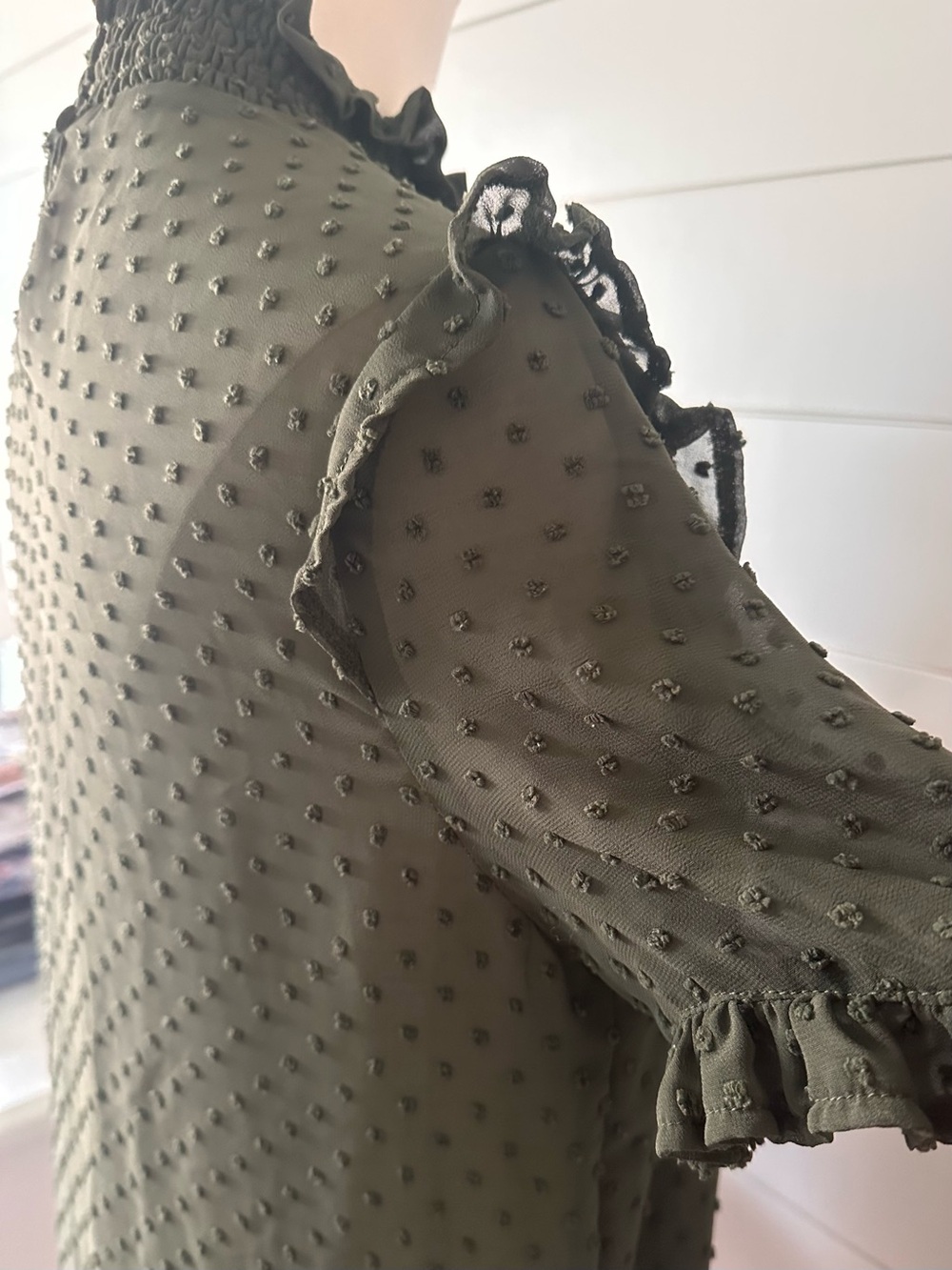 Ruffled Collar Olive Green Swiss Dot Blouse - Picture 3 of 6